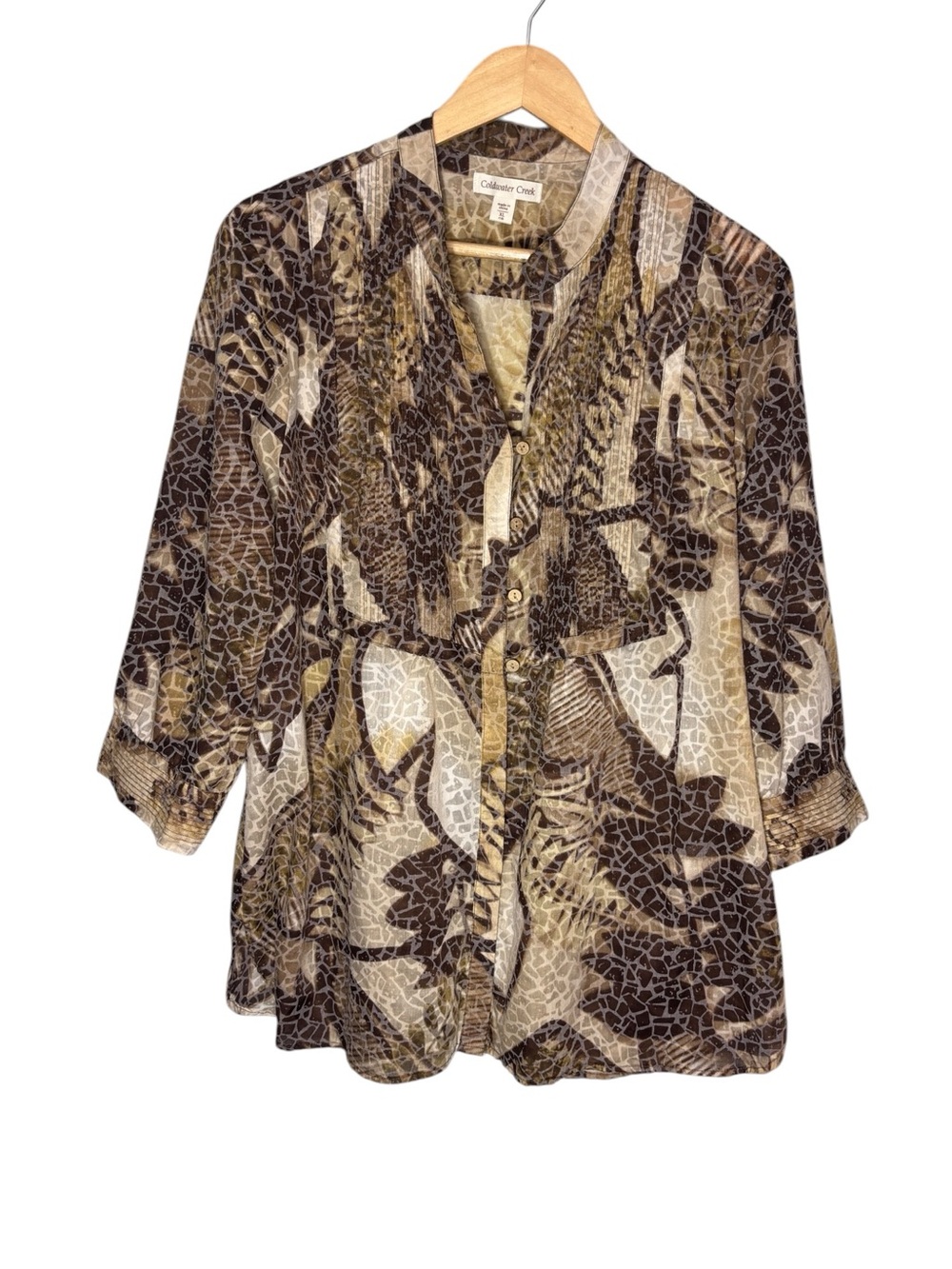 Coldwater Creek XL 18 Brown Leopard Floral Semi Sheer Pleated Button Blouse Top